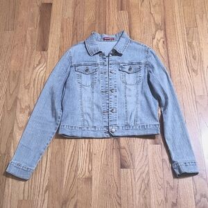 Forever 21 blue jean jacket, size medium, distressed denim
